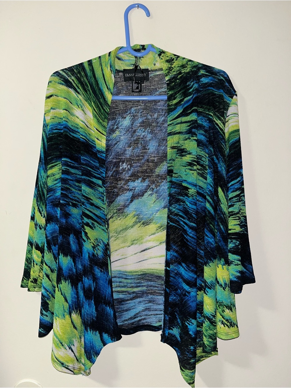 Frank Lyman Design Open-Front Cardigan in Green & Blue Abstract Print